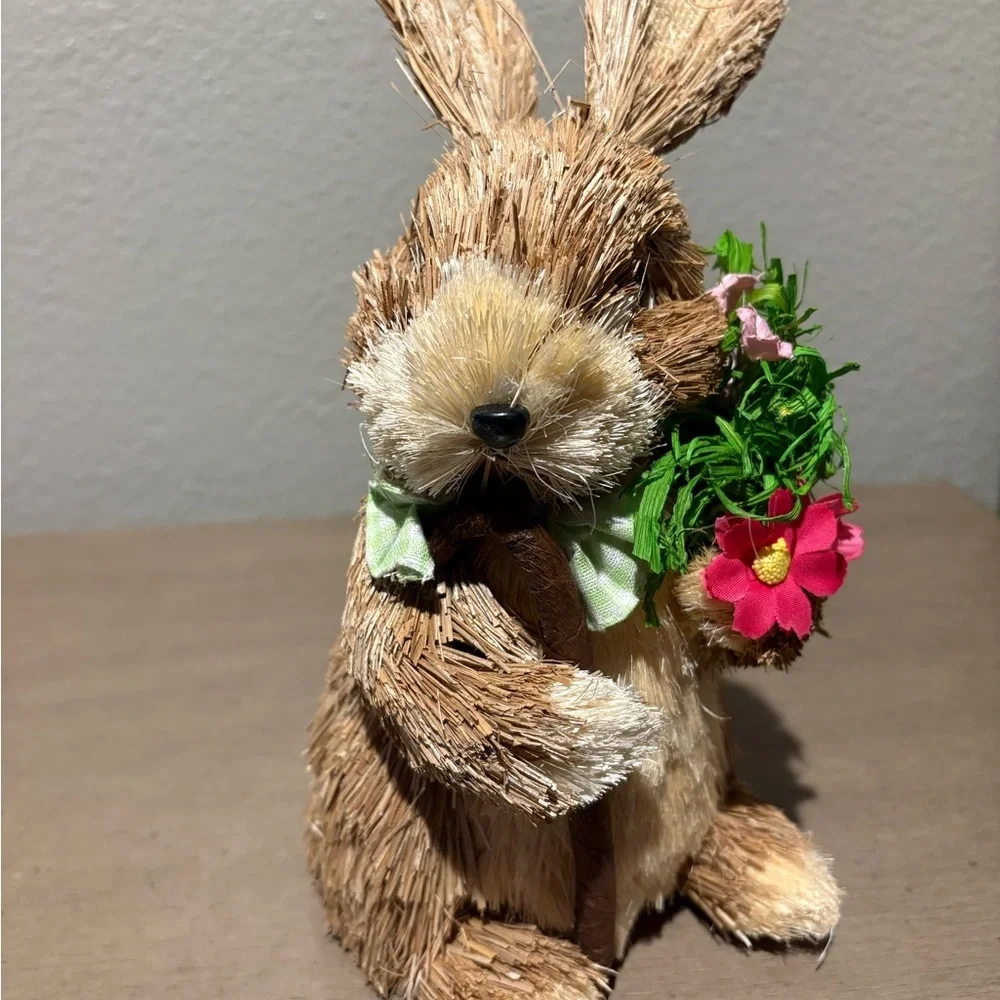 Whimsical Brown Bunny Toy with Pink Flowers and Tall Ears